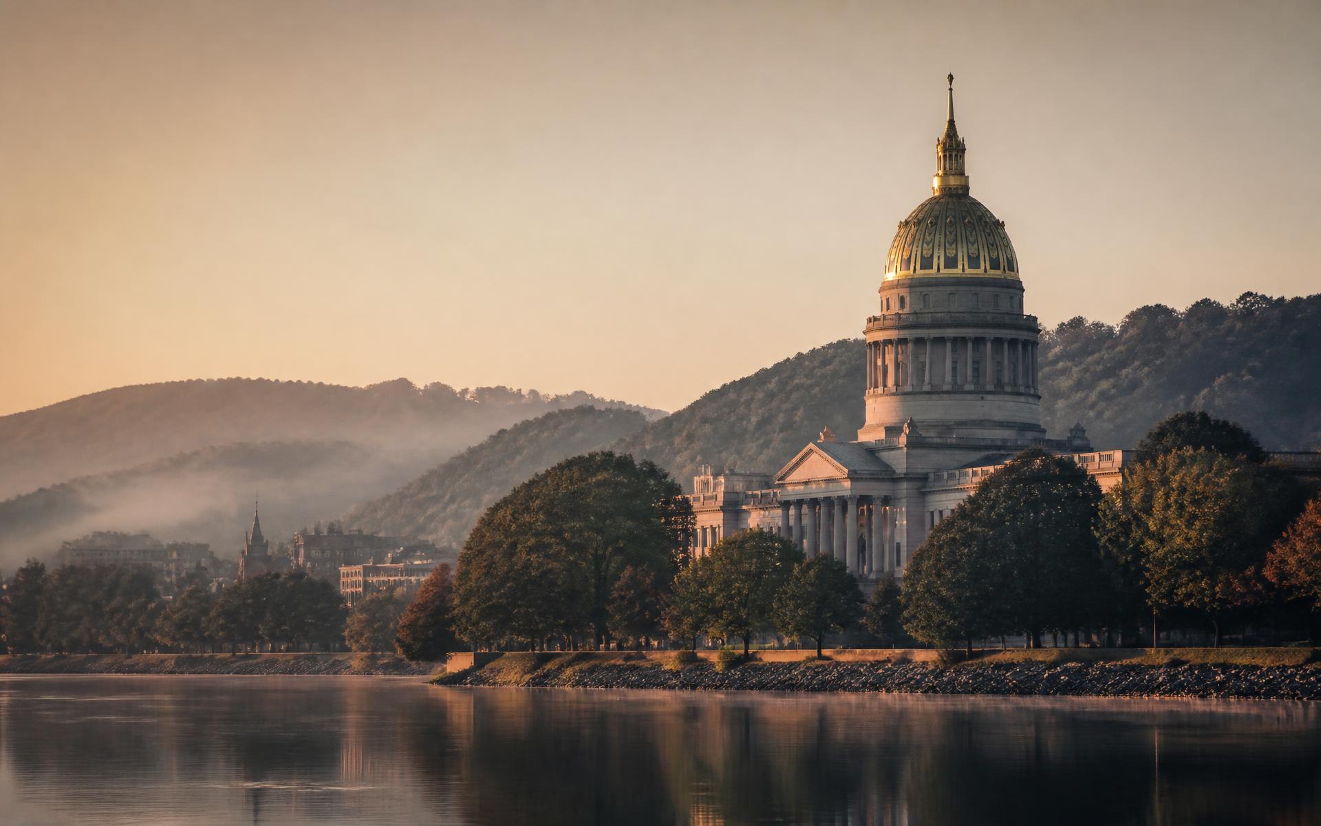 Morning light over the Kanawha River and the West Virginia State Capitol in Charleston